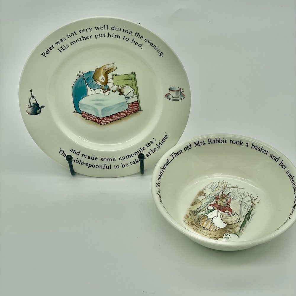 Peter Rabbit Porcelain Wedgewood Plate and Bowl and Two Mugs.